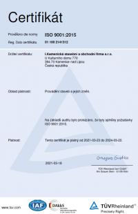 Certifikát ČSN EN ISO 9001:2015 / ČSN EN ISO 14001:2015
